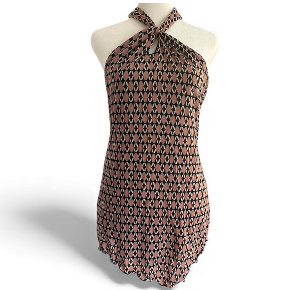 Y2K Asymmetrical Halter Top Large Geometric Print Black Pink